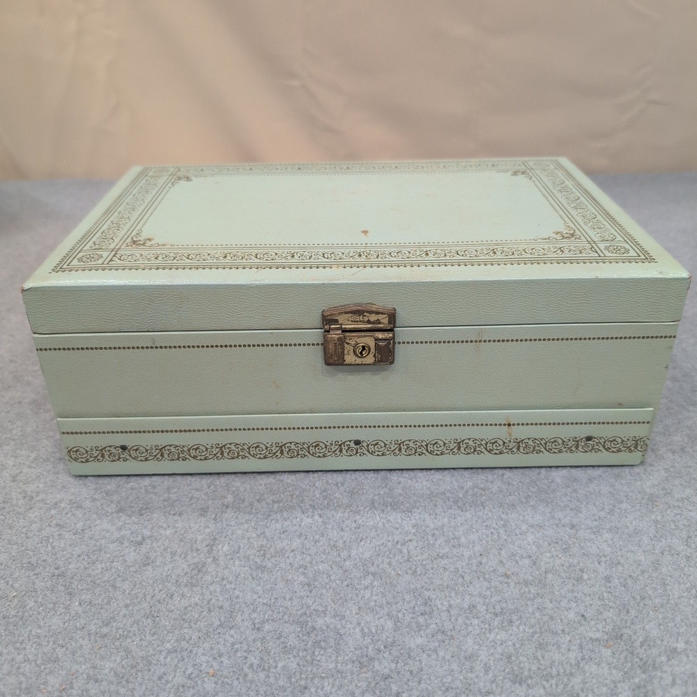 Vintage Mele Jewelry Box Light Blue Faux Leather Gold Filigree Multi Tier Chest